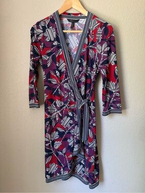 BCBGMaxAzria Purple & Red Patterned Midi Wrap Dress